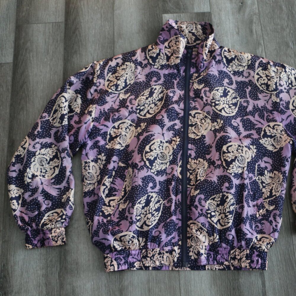 Vintage Bogari 100% silk purple patterned zip up windbreaker